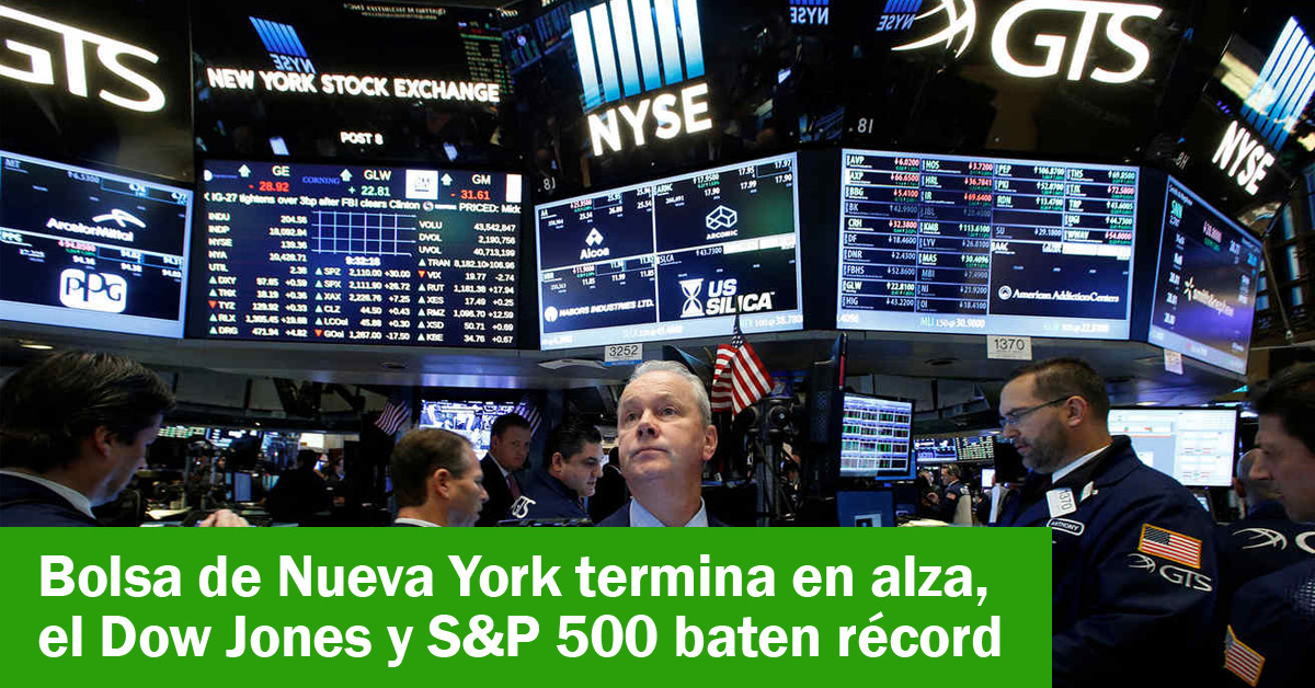 Bolsa de Nueva York termina en alza, el Dow Jones y S&P 500 baten récord
